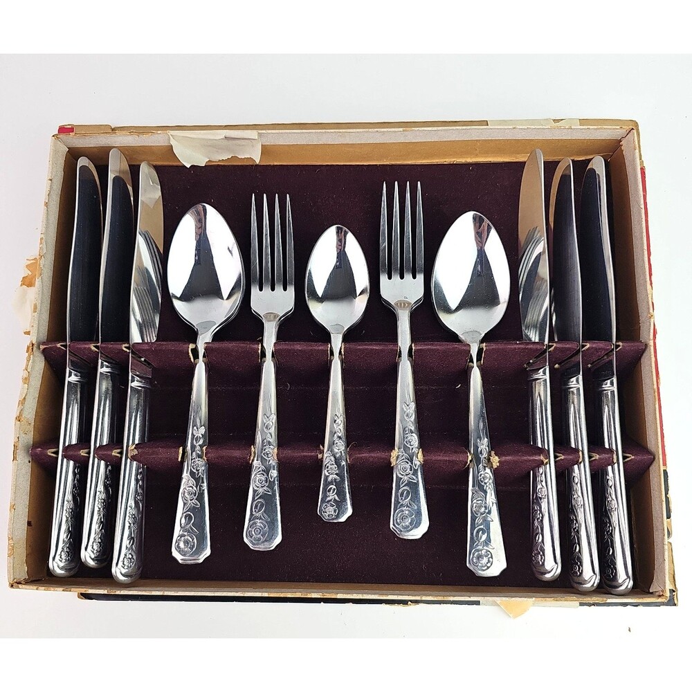 1950s Stainless Flatware Service For 6 By Majestic With Box Floral Pattern